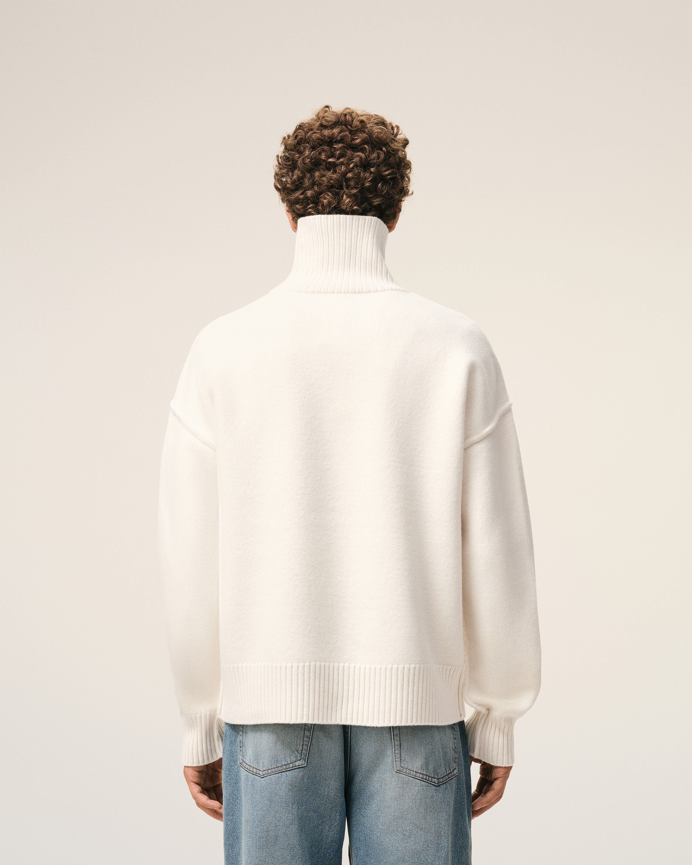 Natural Wool Funnel Neck Sweater With Contrasted Ami De Coeur - 5