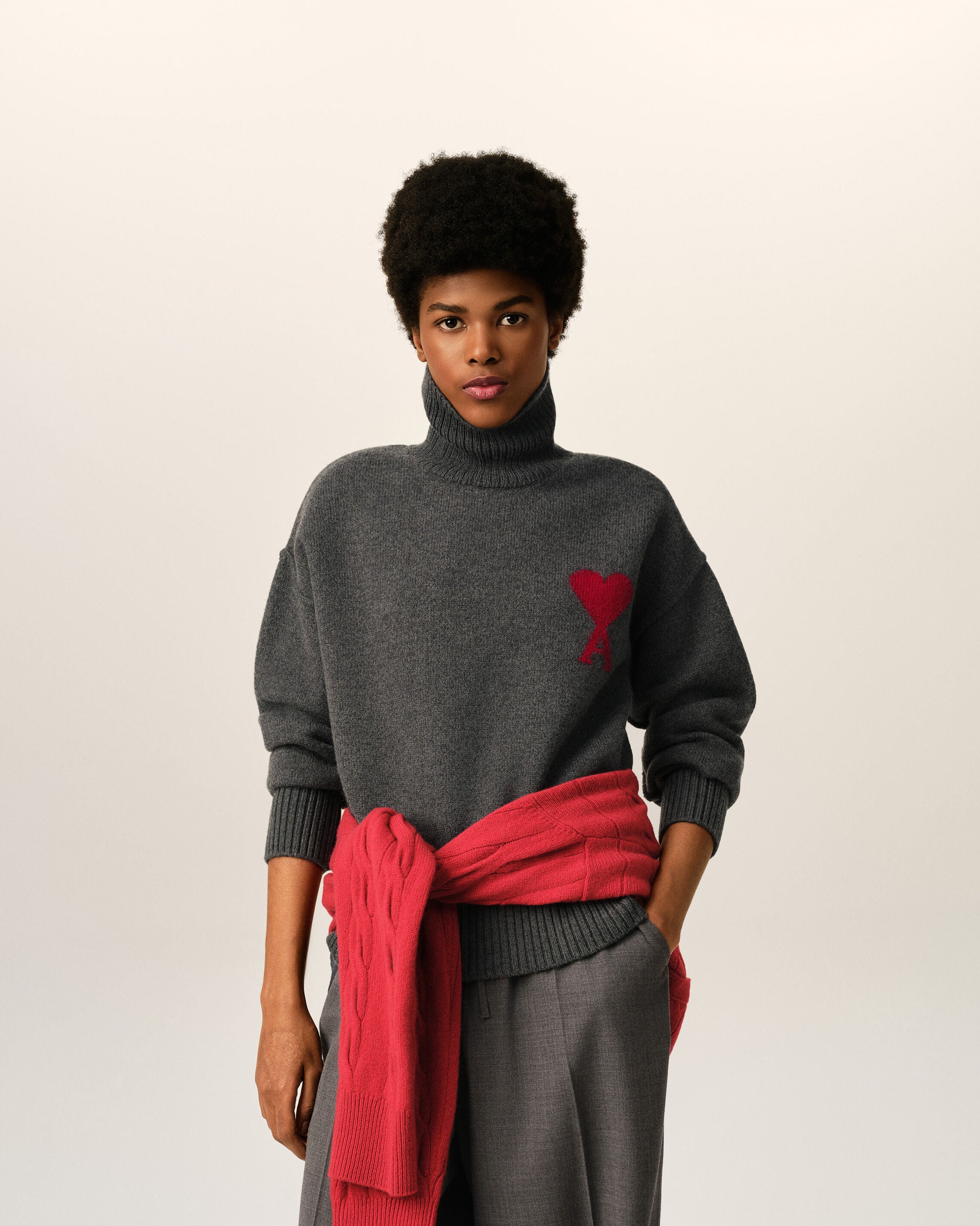 Grey funell neck wool sweater with Ami De Coeur - 8