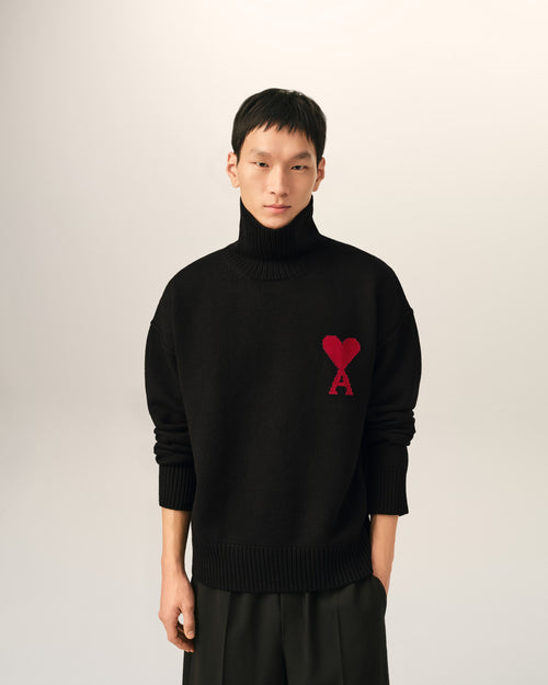 Black funell neck wool sweater with Ami De Coeur - Man - 2 - AMI Paris - Ami Paris
