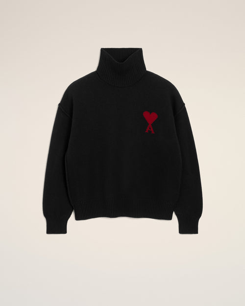                                 Black Wool Funnel Neck Sweater With Contrasted Ami De Coeur - 3                             - Ami Paris
