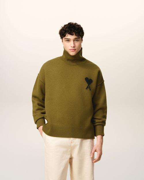 Khaki Wool Ami De Coeur Funnel Neck Sweater - 1 - Ami Paris