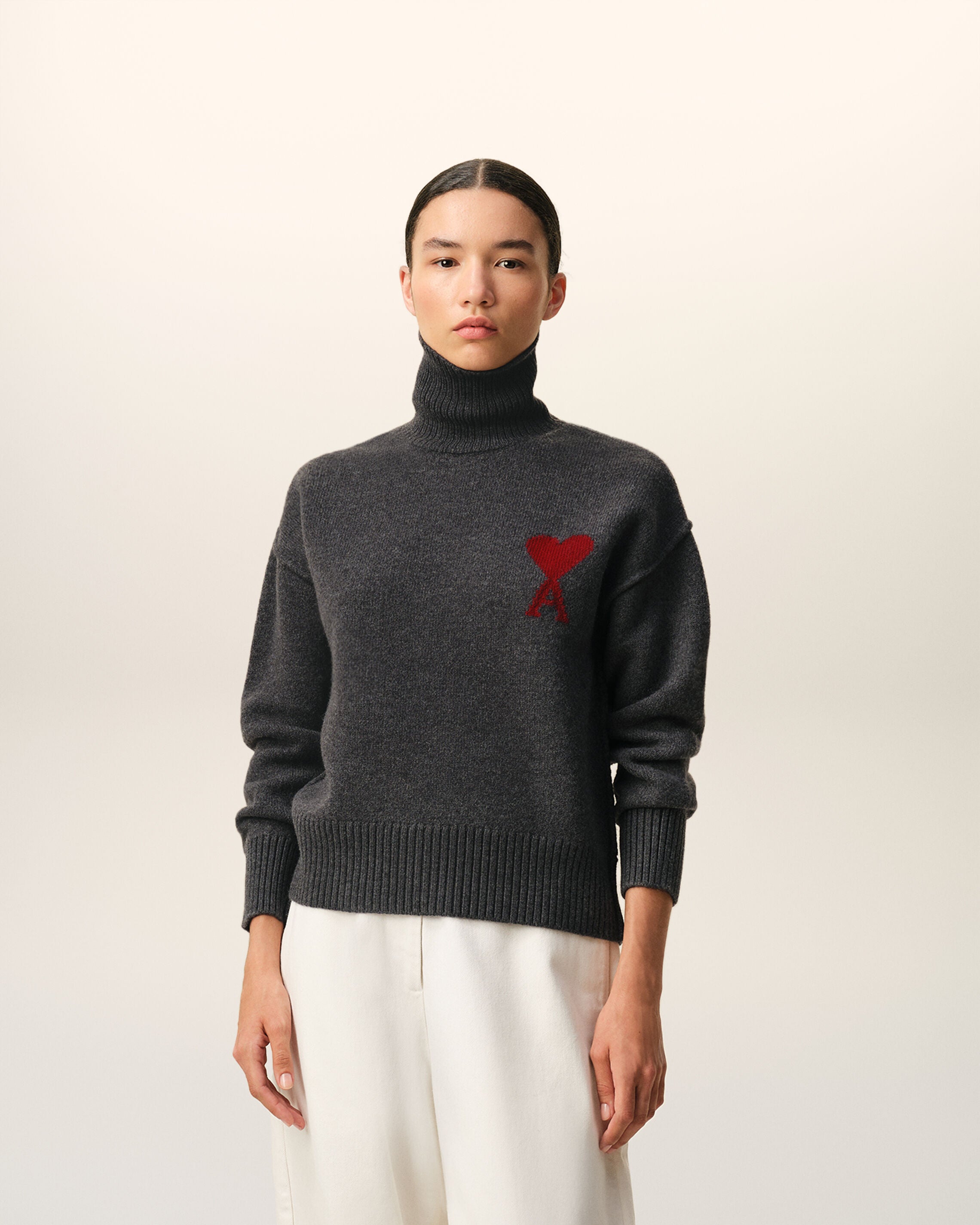 Grey Wool Funnel Neck Sweater With Contrasted Ami De Coeur - 8