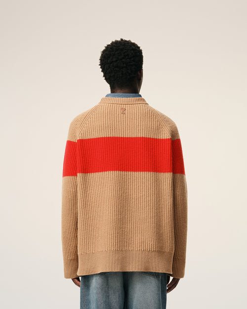 Brown Wool Round Collar With Cross Stitch Sweater - 5 - Ami Paris