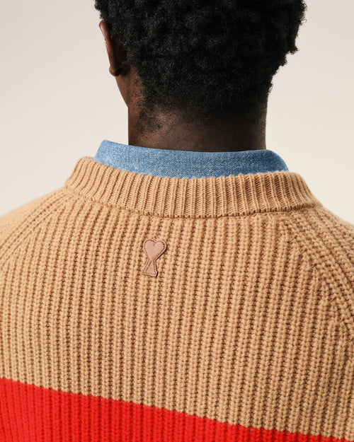 Pullover aus brauner Wolle mit Rundhalsausschnitt und Kreuzstich - 4 - Ami Paris