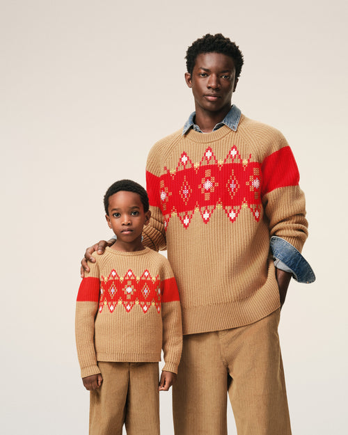 Brown Wool Round Collar With Cross Stitch Sweater - 14 - Ami Paris