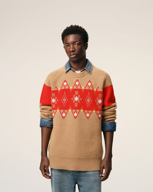 Pullover aus brauner Wolle mit Rundhalsausschnitt und Kreuzstich - 3 - Ami Paris