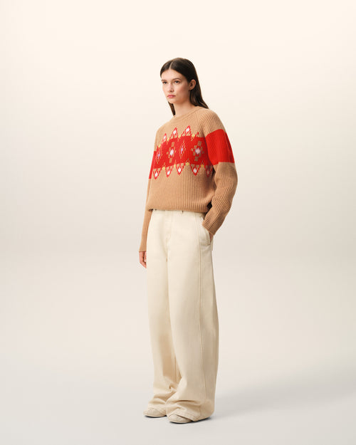 Pullover aus brauner Wolle mit Rundhalsausschnitt und Kreuzstich - 12 - Ami Paris