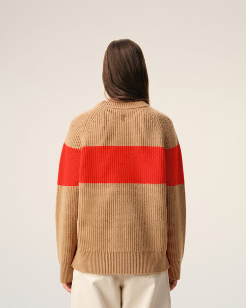 Pullover aus brauner Wolle mit Rundhalsausschnitt und Kreuzstich - 14 - Ami Paris