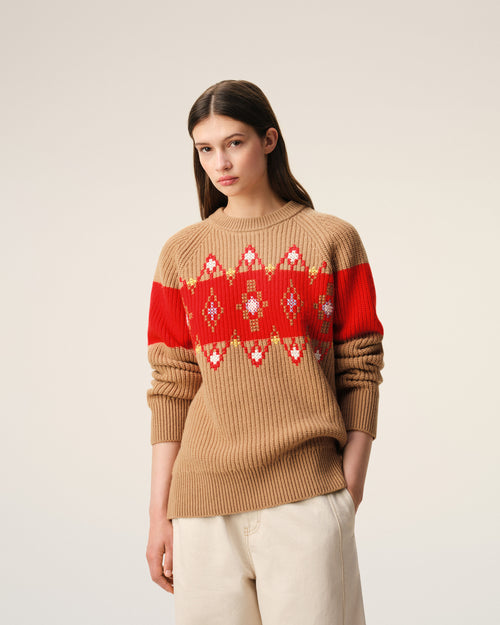 Brown Wool Round Collar With Cross Stitch Sweater - 9 - Ami Paris