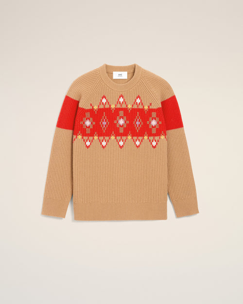 Brown Wool Round Collar With Cross Stitch Sweater - 1 - Ami Paris