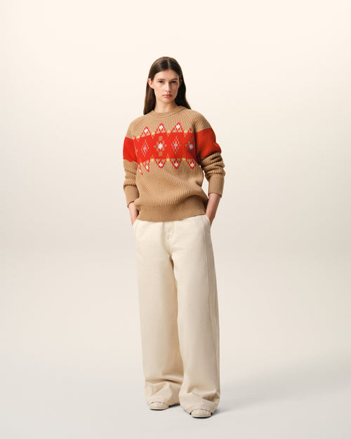                             Brown Wool Round Collar With Cross Stitch Sweater - 3                         - Ami Paris