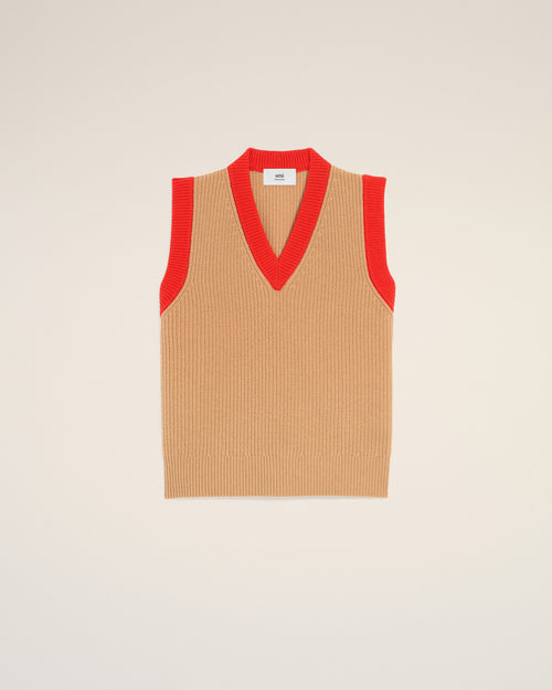 Brown Wool Sleeveless V Neck Sweater - 1 - Ami Paris