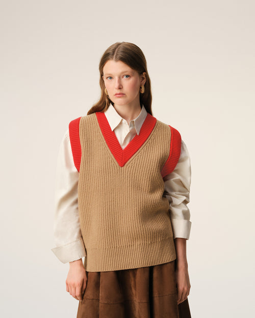 Brown Wool Sleeveless V Neck Sweater - 9 - Ami Paris