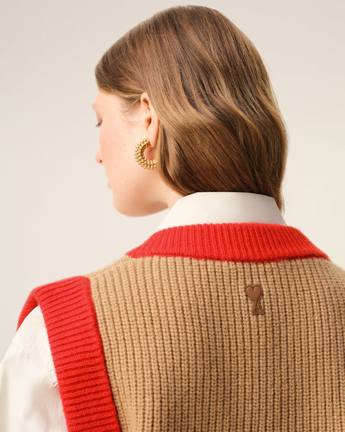 Brown Wool Sleeveless V Neck Sweater - 10 - Ami Paris