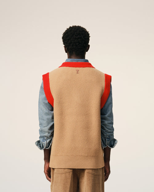 Brown Wool Sleeveless V Neck Sweater - 5 - Ami Paris