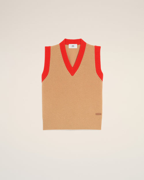 Brown Wool Sleeveless V Neck Sweater - 4 - Ami Paris