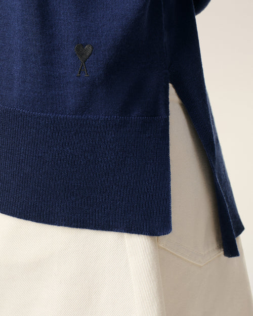 Pull Bleu Col Rond Ami De Coeur en Laine Fine - 10 - Ami Paris