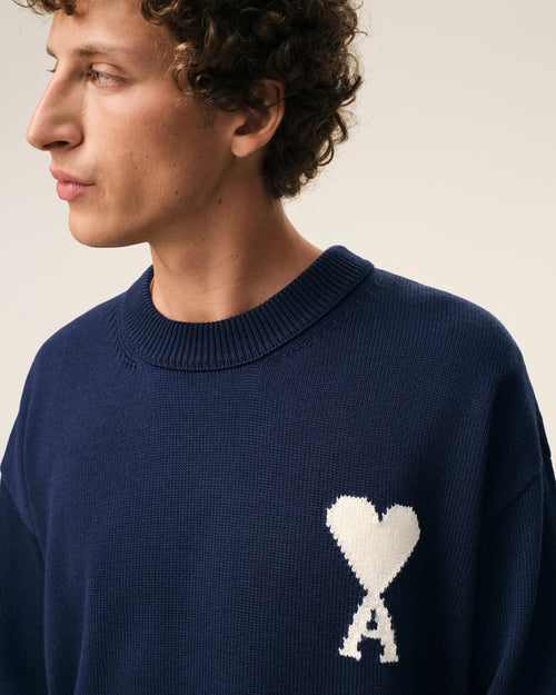 Blauer Pullover aus Wolle und Baumwolle mit Rundhalsausschnitt von Ami De Coeur - Herren - 4 - AMI Paris - Ami Paris