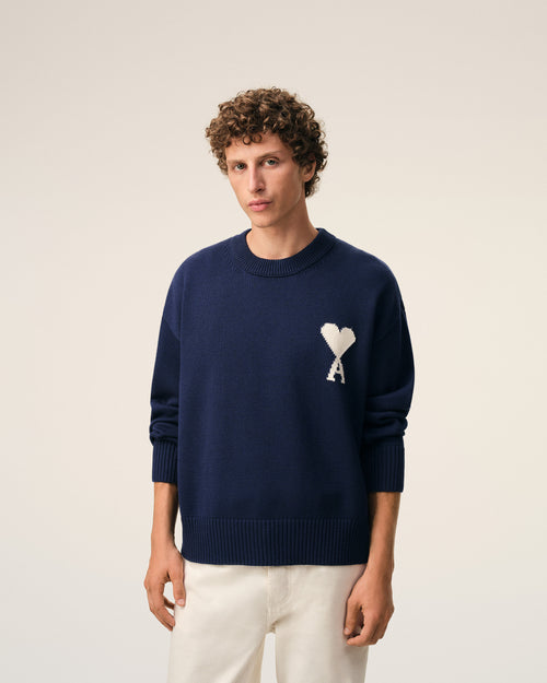 Blue Wool And Cotton Crewneck Ami De Coeur Sweater - Man - 3 - AMI Paris - Ami Paris