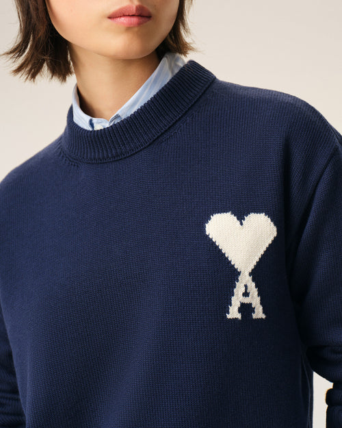 Pull Bleu Col Rond Ami De Coeur en Laine Et Coton - 10 - Ami Paris