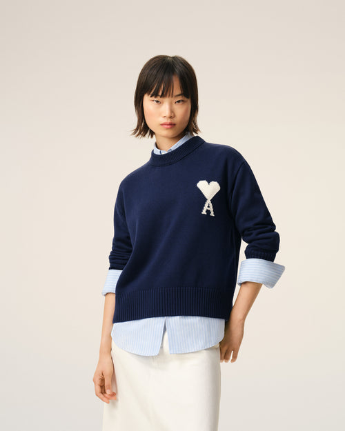 Blauer Pullover aus Wolle und Baumwolle mit Rundhalsausschnitt von Ami De Coeur - Damen - 9 - AMI Paris - Ami Paris