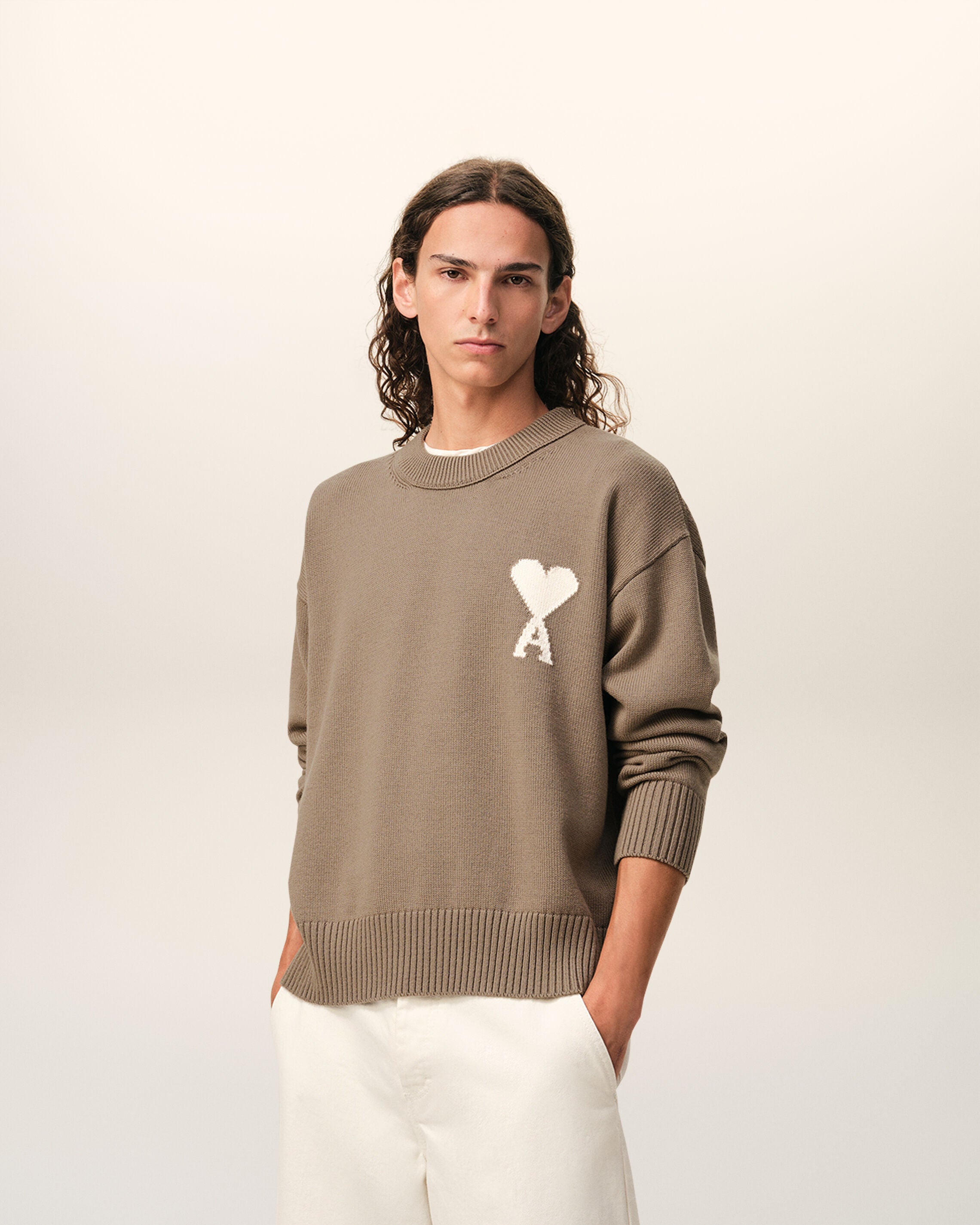 AMI Paris ベージュ クルーネック トレーナー ベージュウール＆コットン Ami De Coeur クルーネックセーター トープ