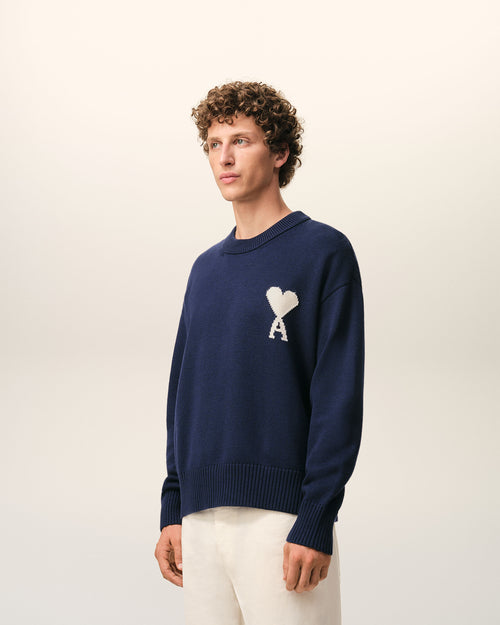 Blauer Pullover aus Wolle und Baumwolle mit Rundhalsausschnitt von Ami De Coeur - Herren - 6 - AMI Paris - Ami Paris