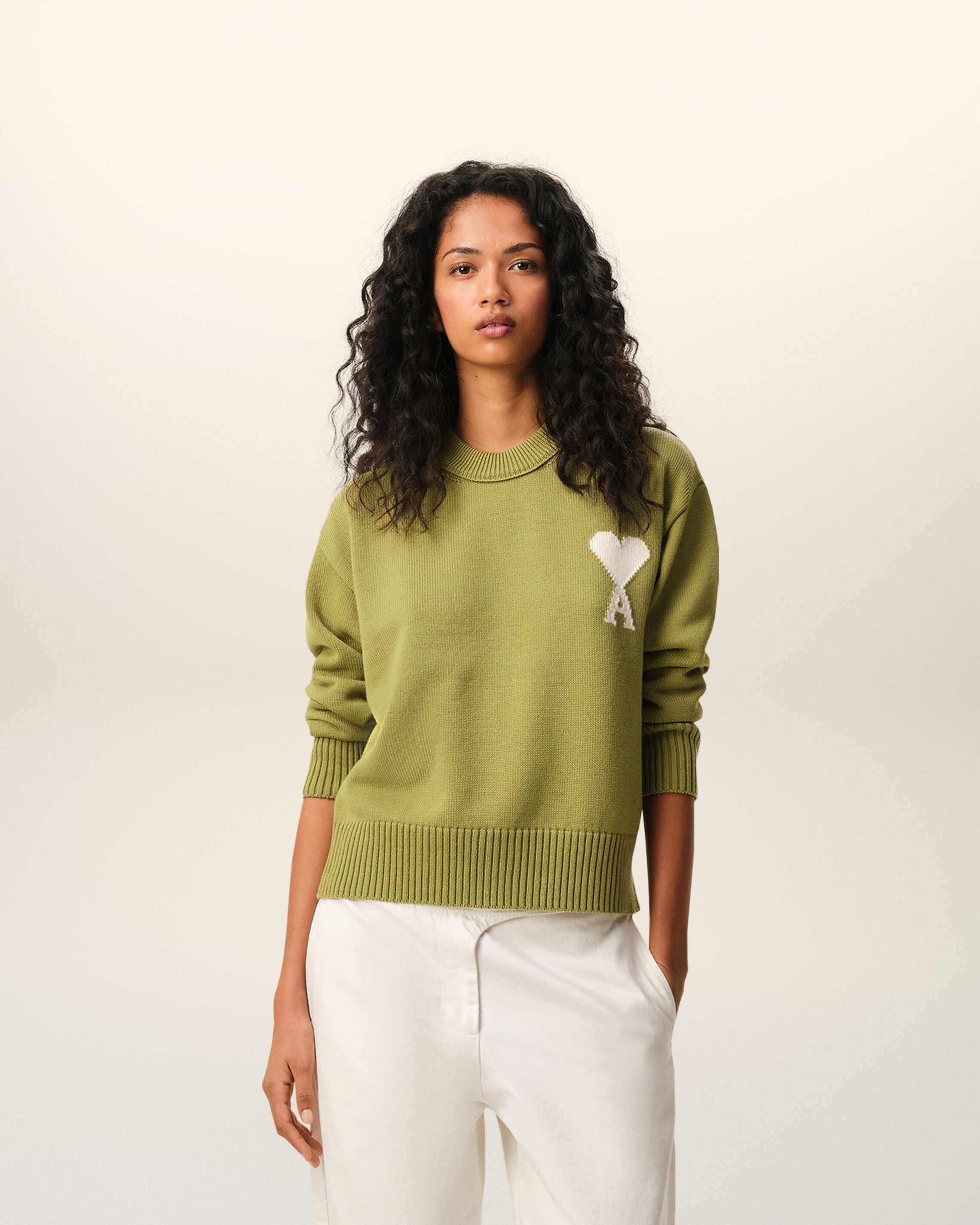Jersey de cuello redondo Ami de Cœur de lana y algodón verdes - 7