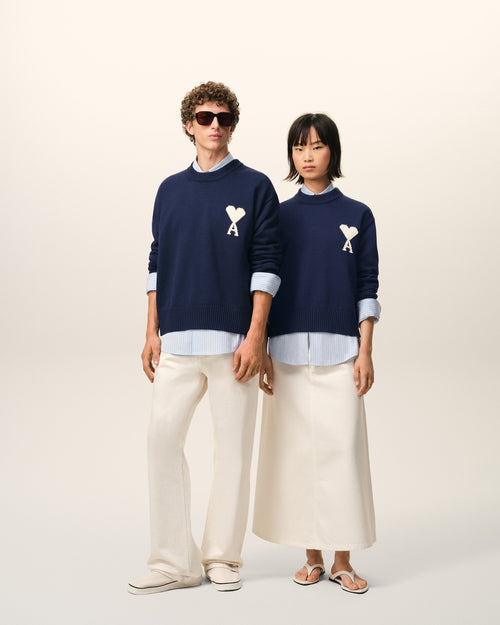 Pull Bleu Col Rond Ami De Coeur en Laine Et Coton - 13 - Ami Paris