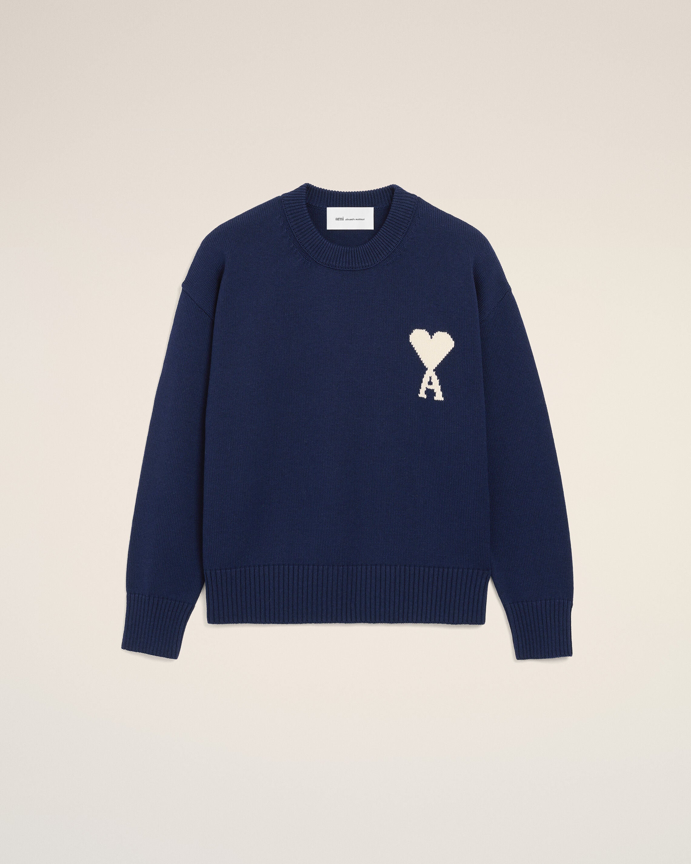 直営店購入Ami Paris男女兼用Mサイズ/紺白ボーダー柄ニット INK/OFF WHITE Blue Wool And Cotton Crewneck Ami De Coeur Sweater