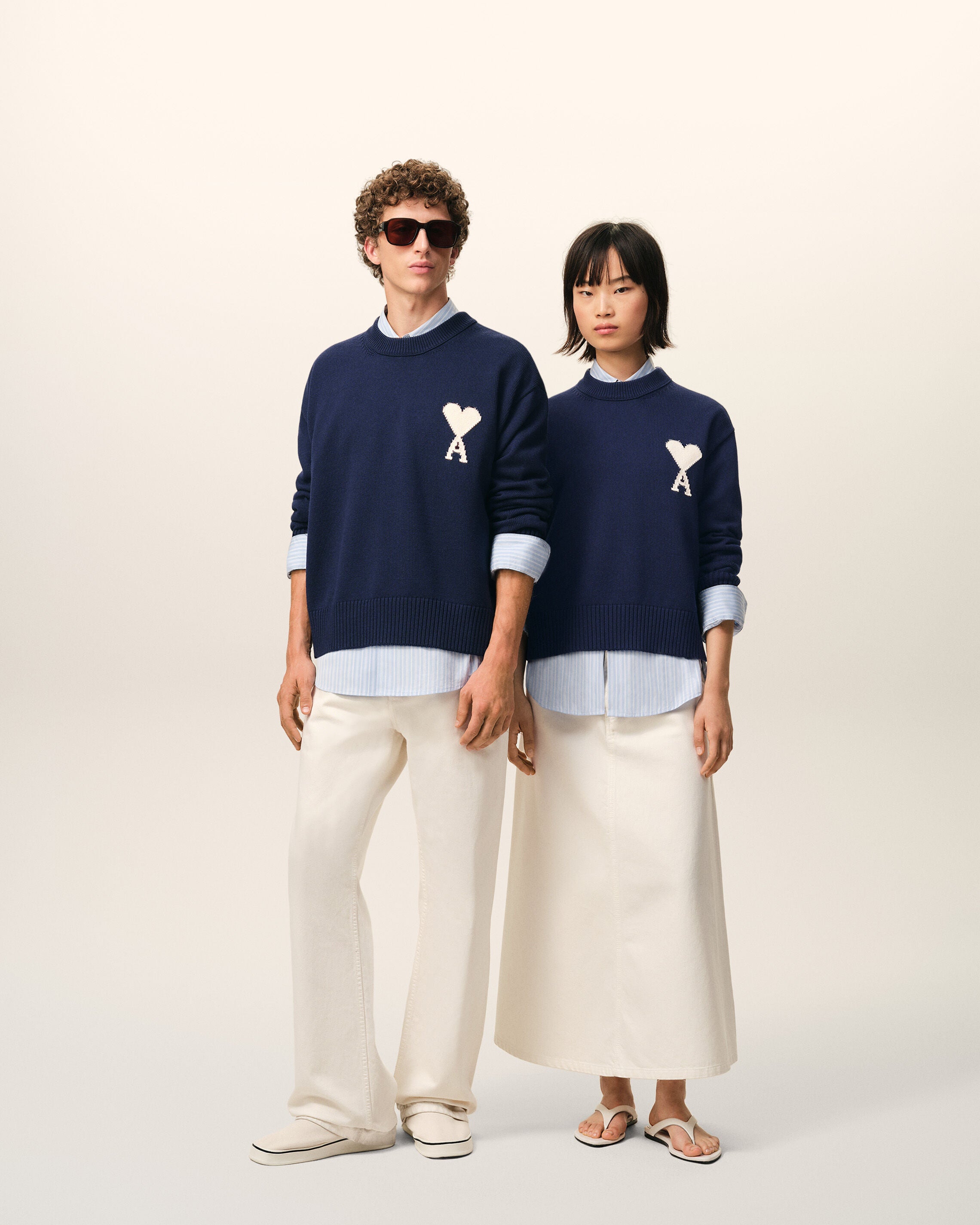 INK/OFF WHITE Blue Wool And Cotton Crewneck Ami De Coeur Sweater