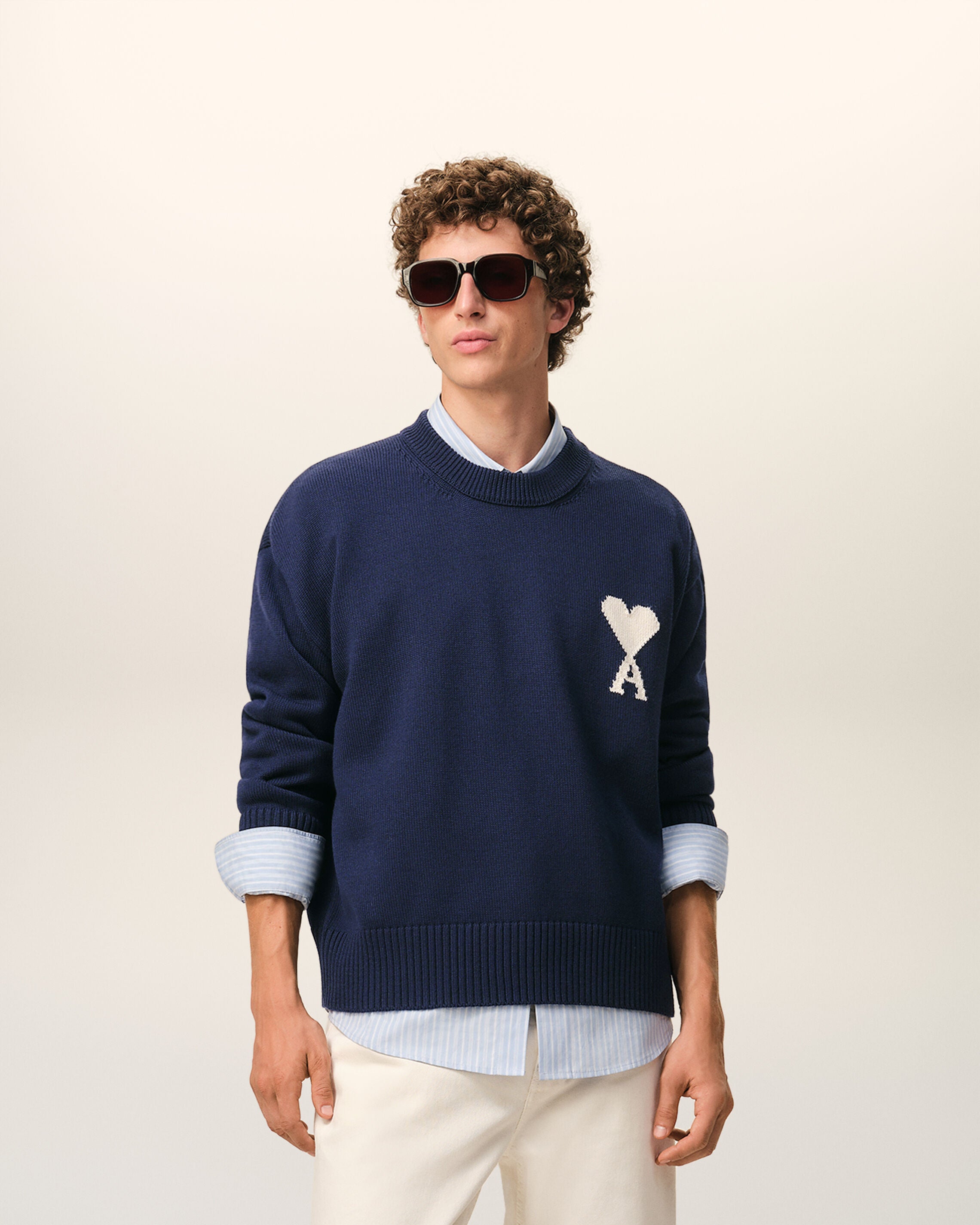 INK/OFF WHITE Blue Wool And Cotton Crewneck Ami De Coeur Sweater