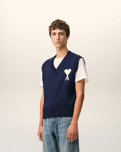 Blue Wool And Cotton Sleeveless Ami De Coeur Sweater - 6 - Ami Paris