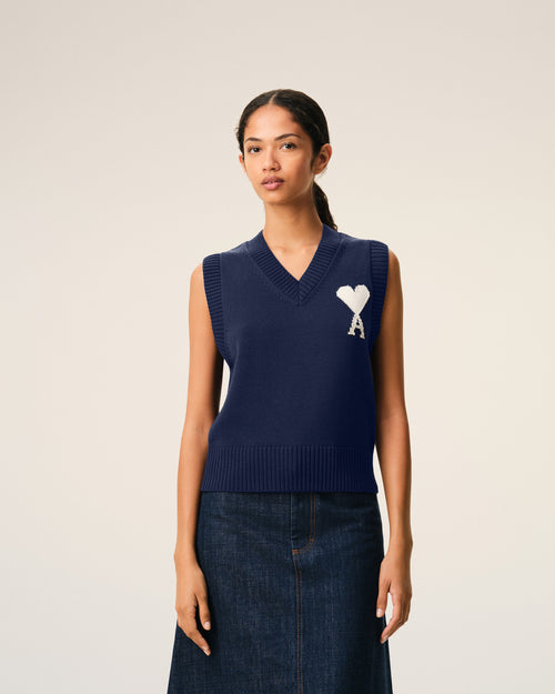 Pull Bleu Sans Manches Ami De Coeur en Laine Et Coton - Femme - 9 - AMI Paris - Ami Paris