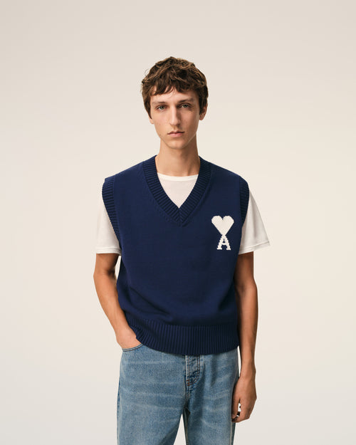 Pull Bleu Sans Manches Ami De Coeur en Laine Et Coton - 3 - Ami Paris