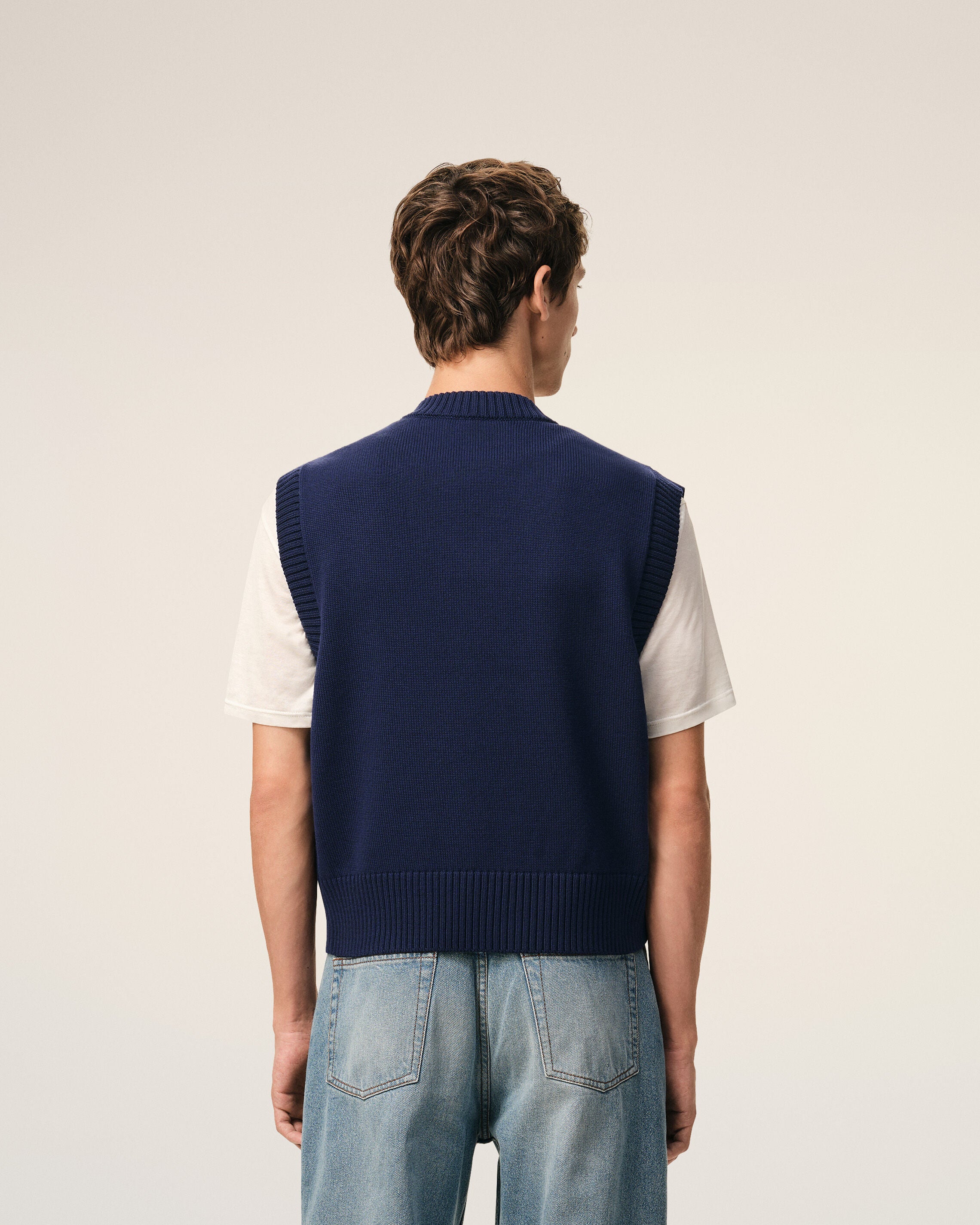 INK/OFF WHITE Blue Wool And Cotton Sleeveless Ami De Coeur Sweater