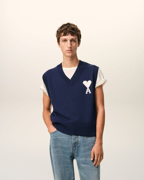 Blue Wool And Cotton Sleeveless Ami De Coeur Sweater - 2 - Ami Paris