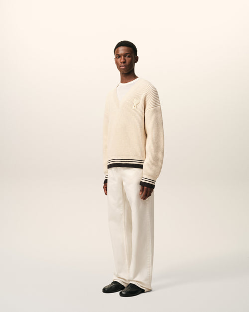 Pull Blanc Col V Ami De Coeur en Laine Côtelée - Homme - 6 - AMI Paris - Ami Paris