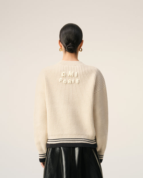Pull Blanc Col V Ami De Coeur en Laine Côtelée - 11 - Ami Paris