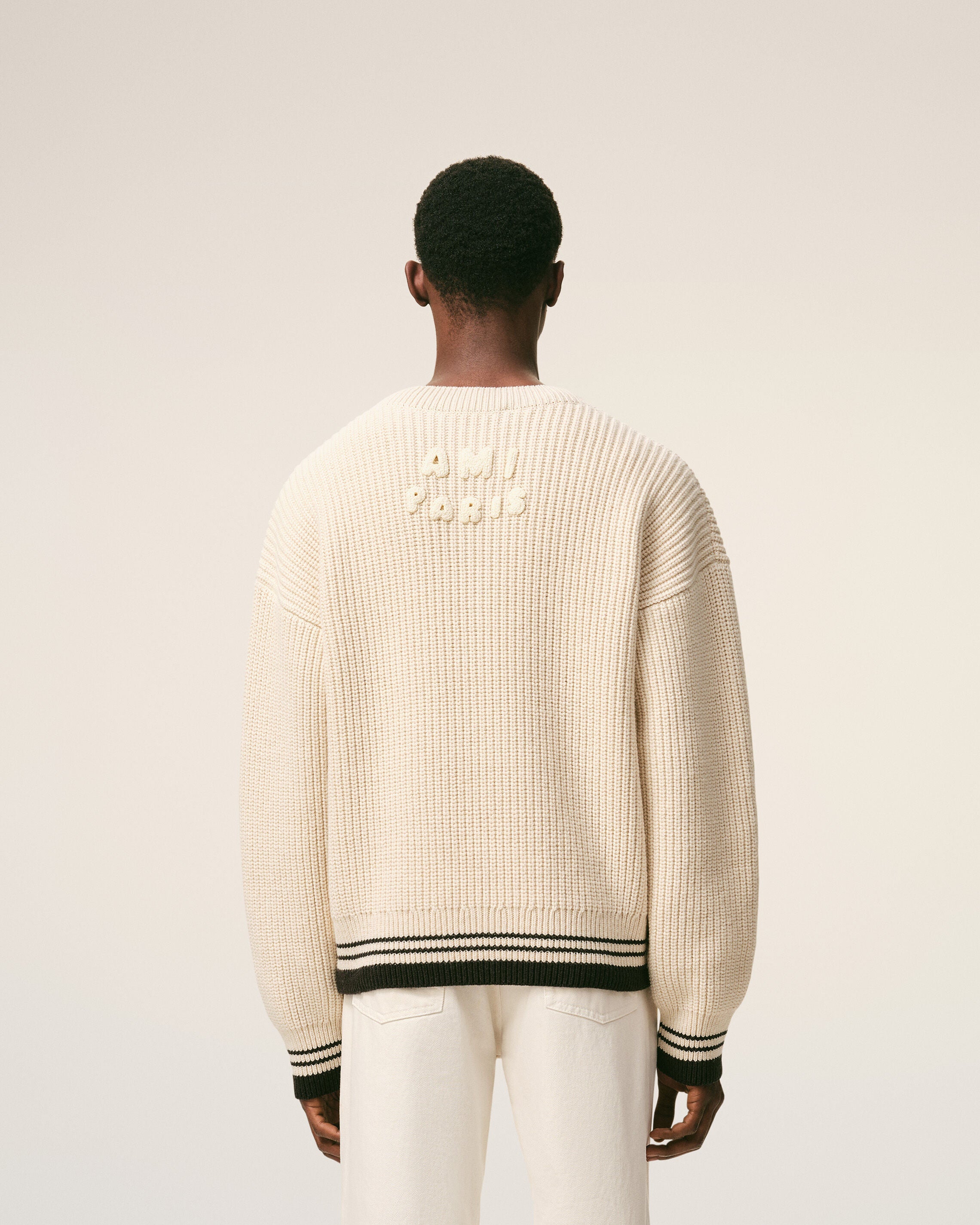 WHITE CREAM White Ribbed Wool V Neck Ami De Coeur Sweater | Ami Paris