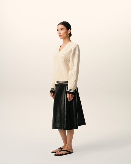 Pull Blanc Col V Ami De Coeur en Laine Côtelée - Femme - 12 - AMI Paris - Ami Paris