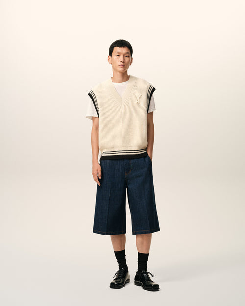 White Ribbed Wool Sleeveless Ami De Coeur Sweater - 1 - Ami Paris