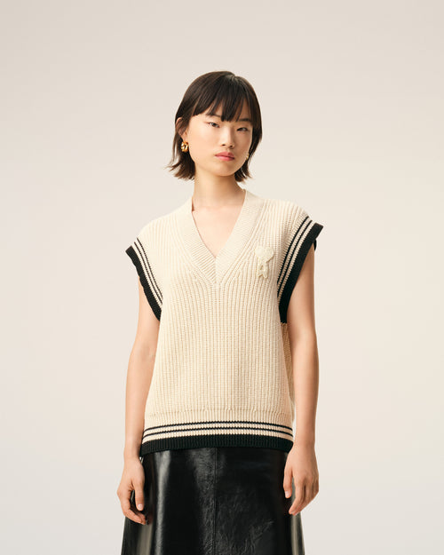 Pull Blanc Sans Manches Ami De Coeur en Laine Côtelée - Femme - 9 - AMI Paris - Ami Paris