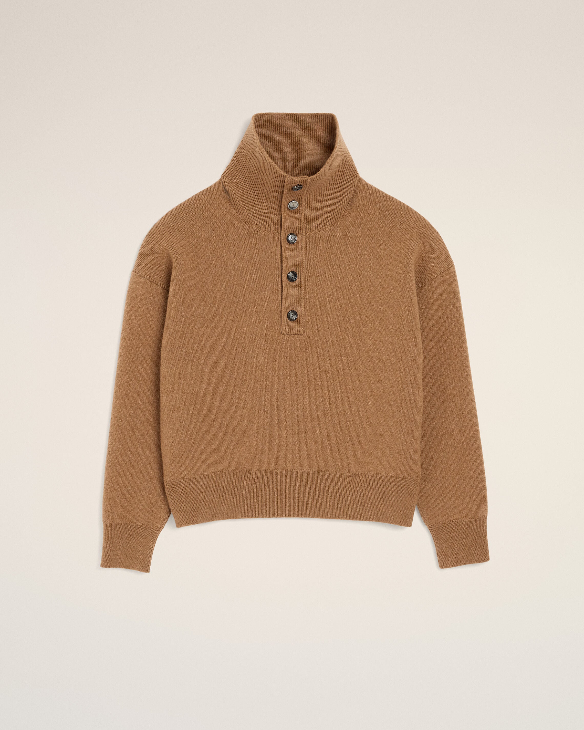 Brown high buttoned collar wool sweater - 1