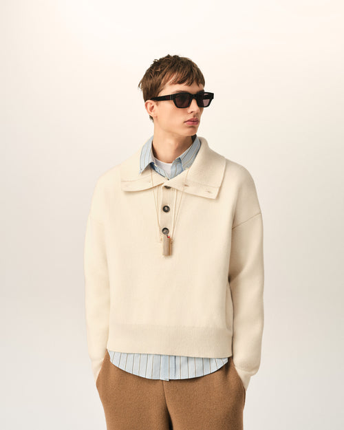 White high buttoned collar wool sweater - 2 - Ami Paris