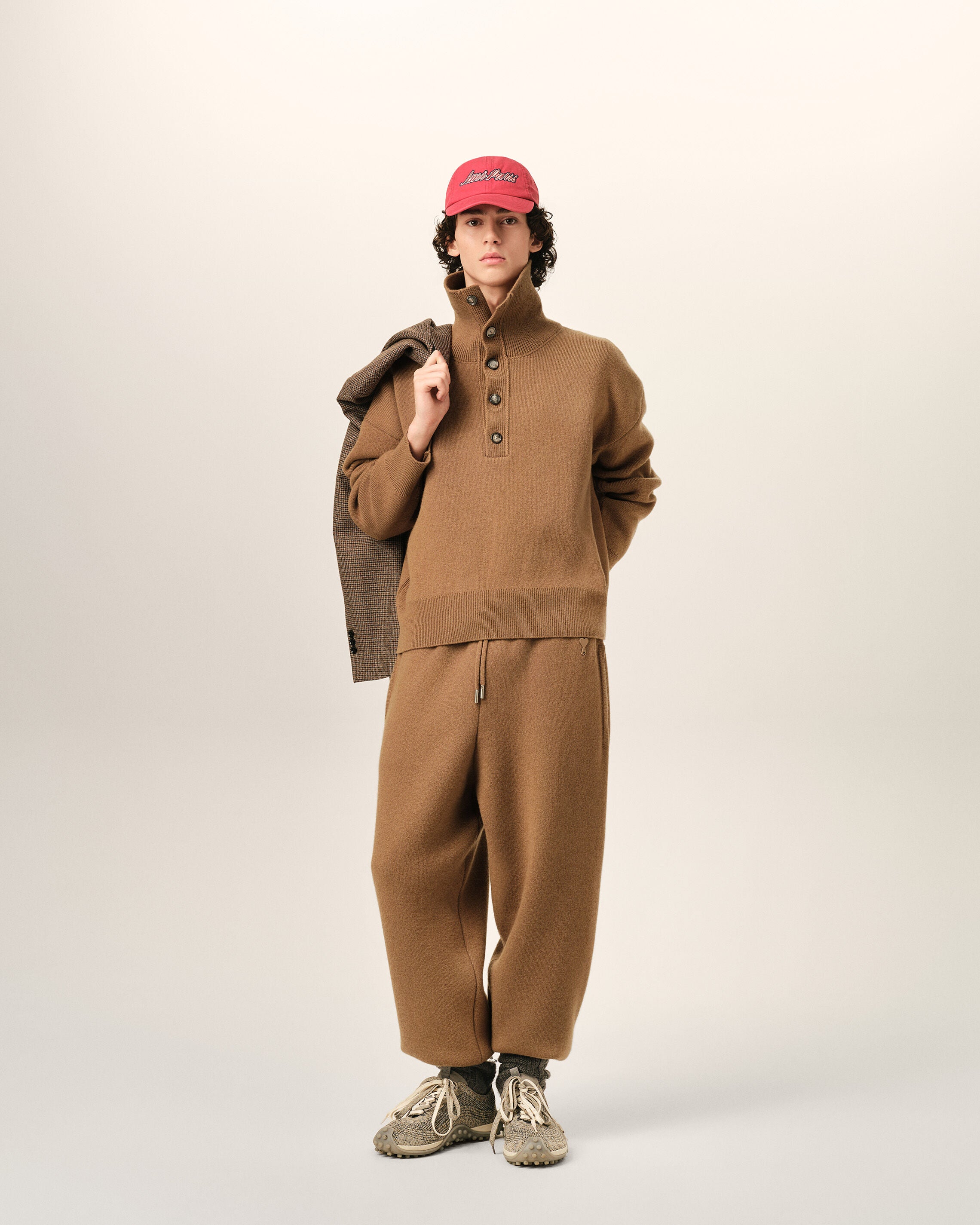 Brown high buttoned collar wool sweater - 3