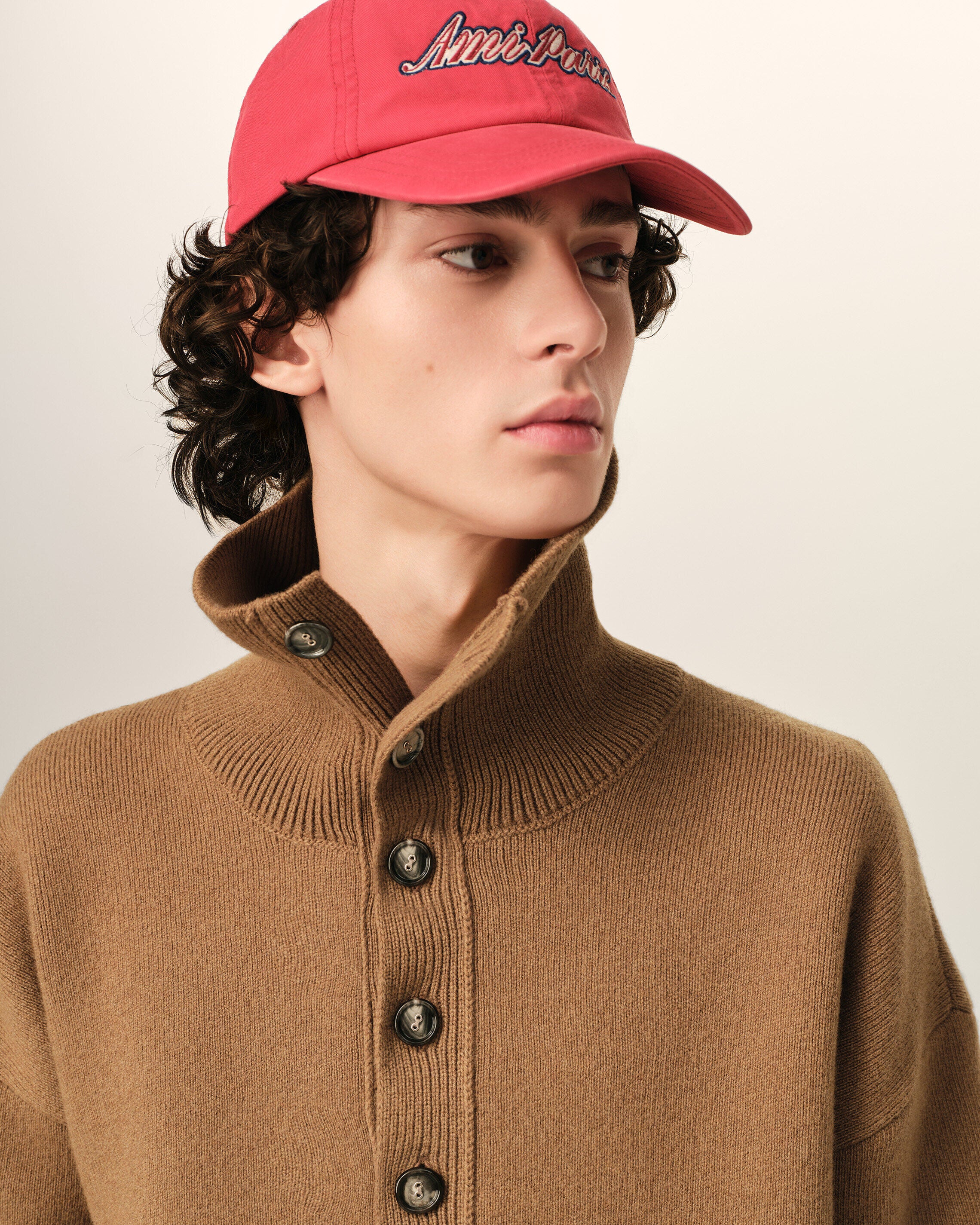Brown high buttoned collar wool sweater - 4