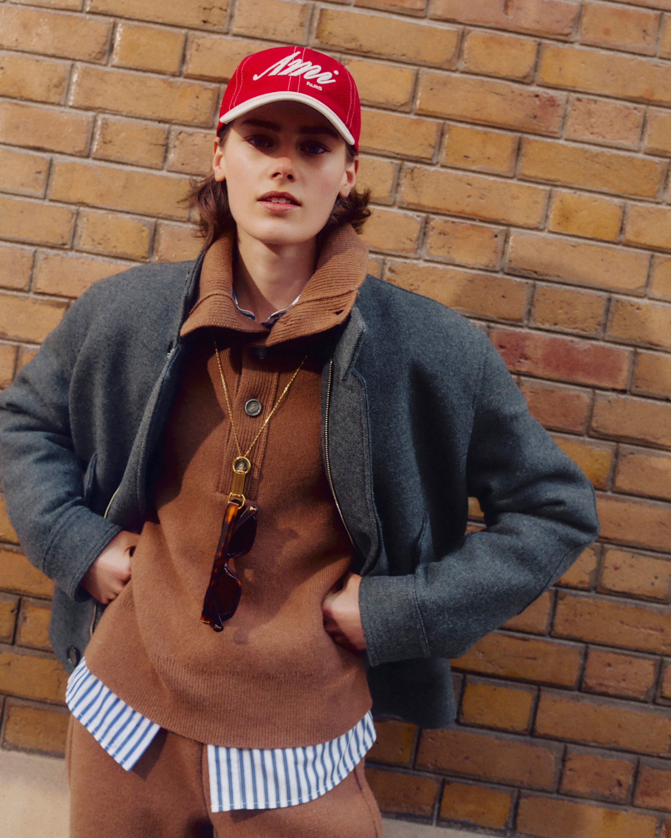 Brown high buttoned collar wool sweater - 13
