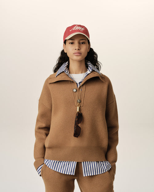 Brown high buttoned collar wool sweater - Woman - 8 - AMI Paris - Ami Paris