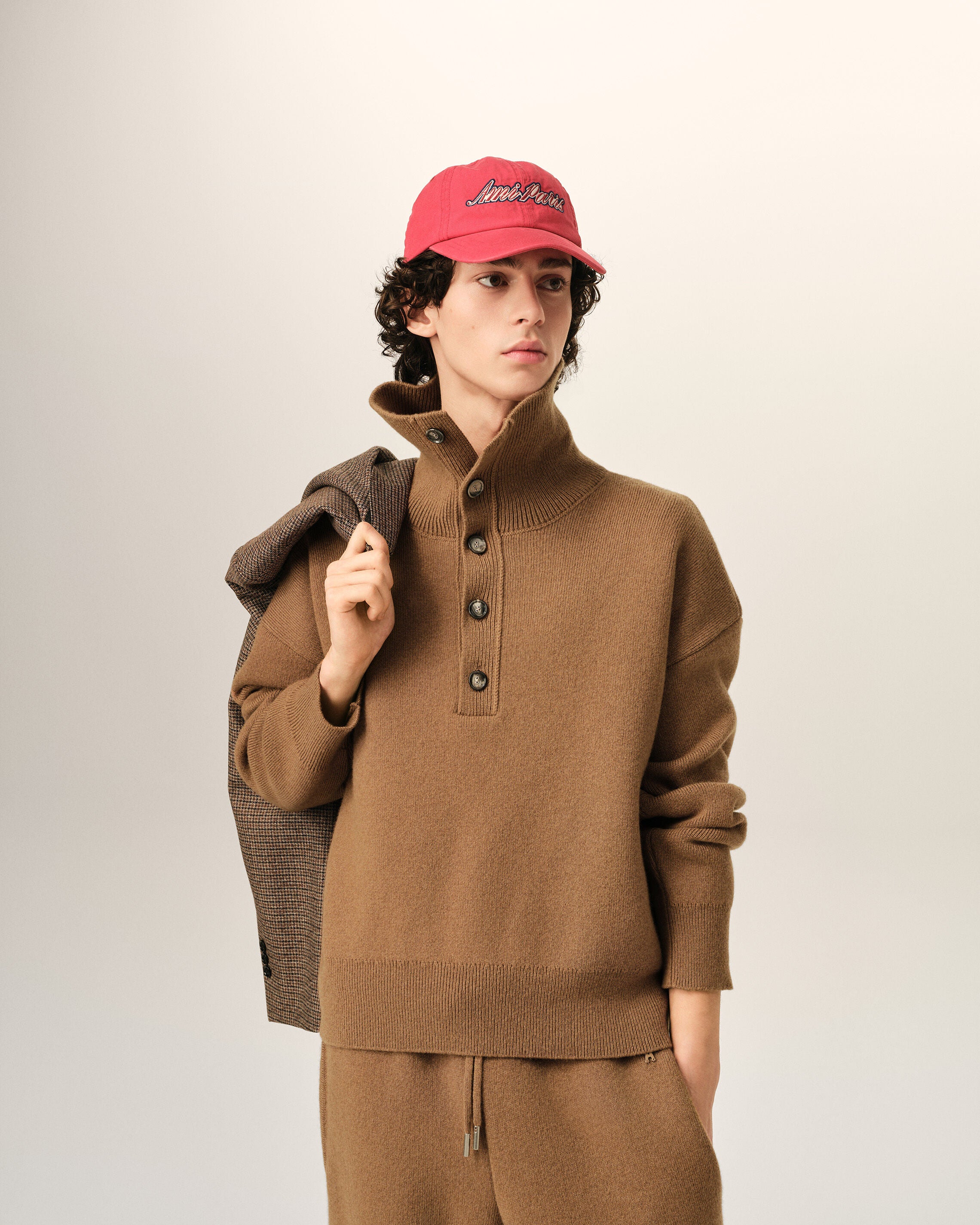 Brown high buttoned collar wool sweater - 2